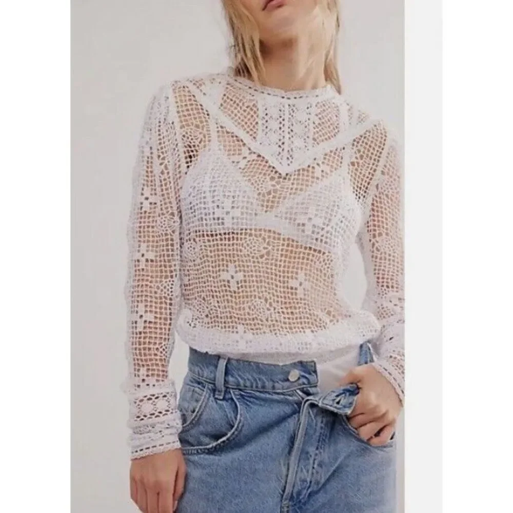Free People Intimately 70s Style Crochet Bodysuit White Size S $128